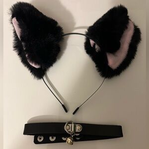 Black Furry Cat Ear Headband and Collar Set
